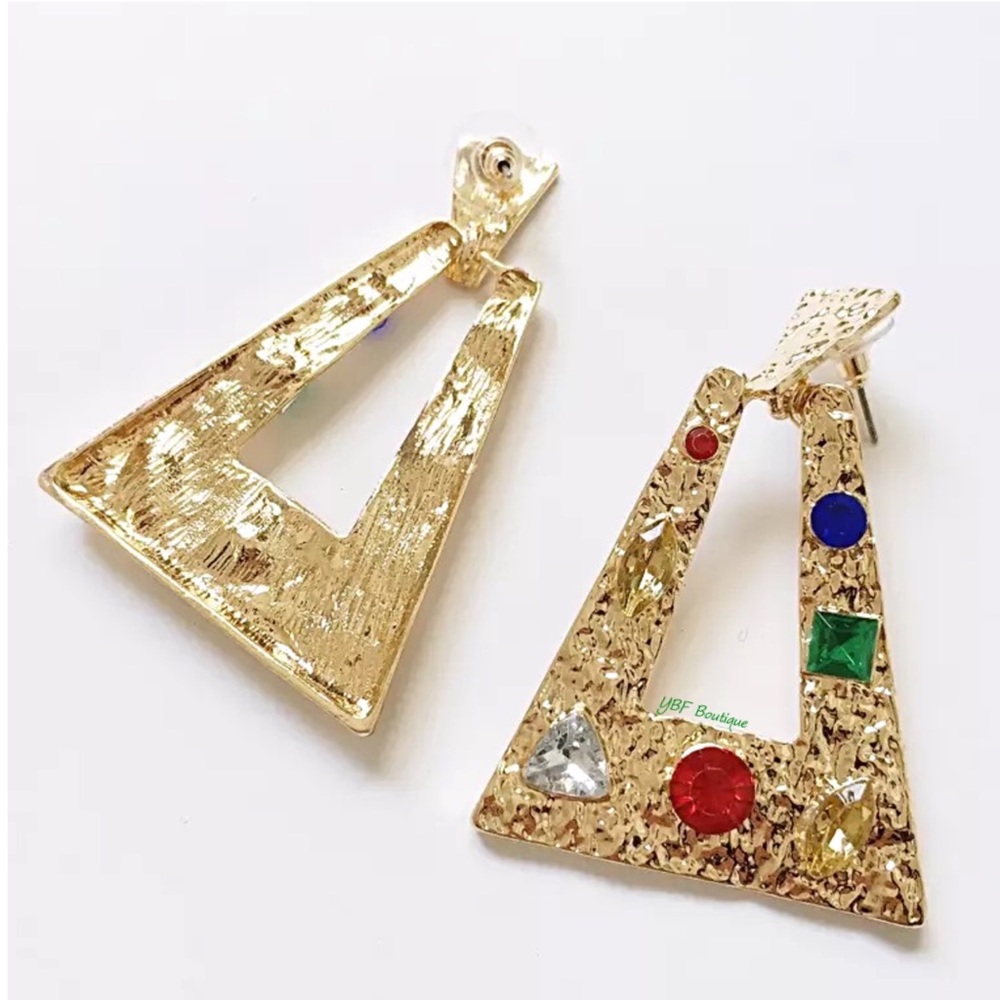 New Gold Red Blue Multicolor Rhinestone Textured Post Statement Earrings - Picture 5 of 5